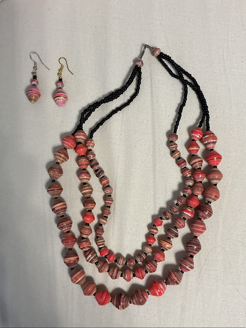 Handmade Pink & Purple Layered Paper Bead Necklace with Matching Earrings